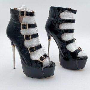 Black Peep Toe Metallic High Heel Cross Buckle Platform Sandal Back Zipper Shoes